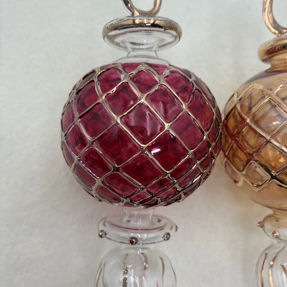 Vintage Hand Blown Glass Finial Christmas Ornaments Red Gold Lattice Set of 2